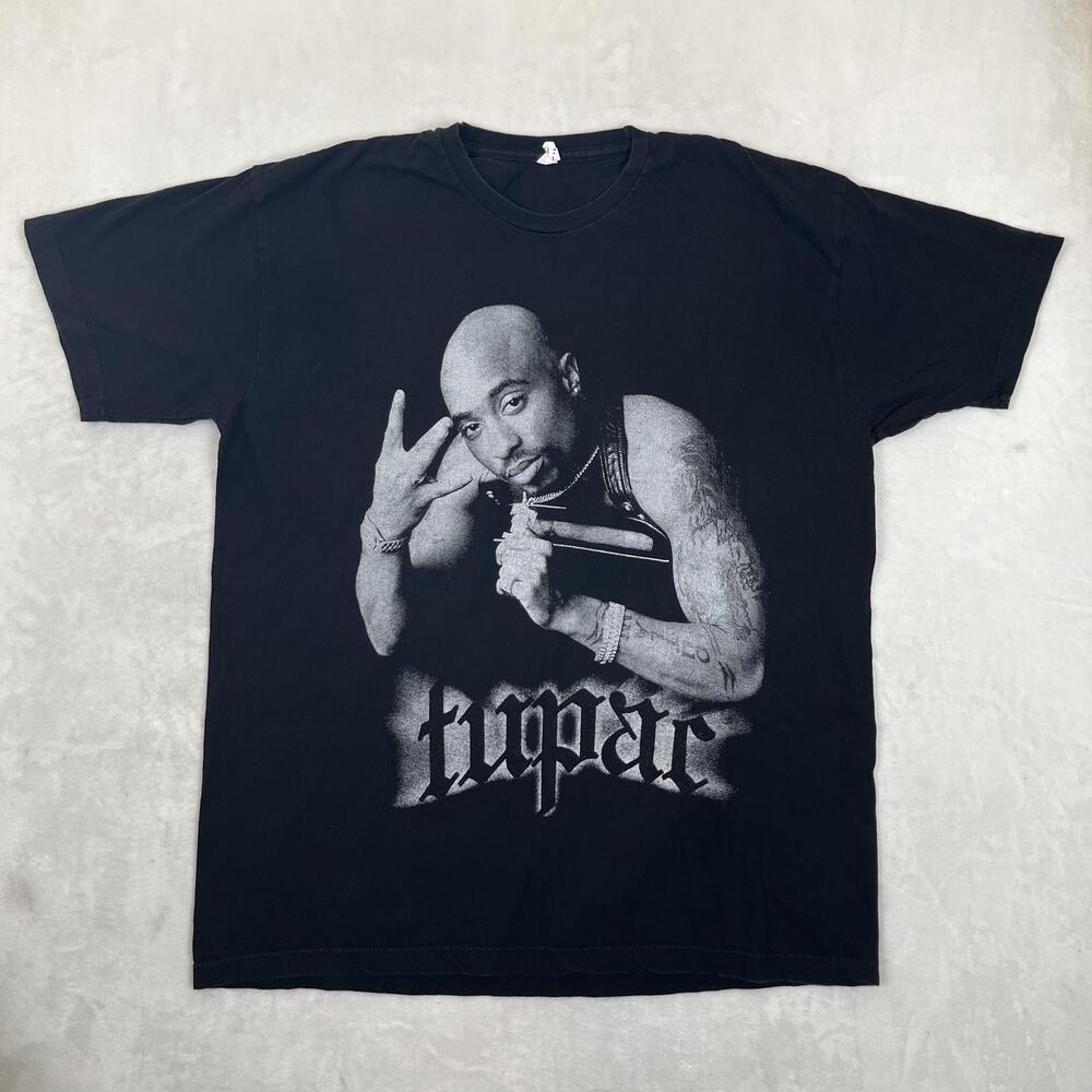 Vintage Tupac T-Shirt Mens 2XL Black Rap Graphic Tee Hip Hop Music Y2K